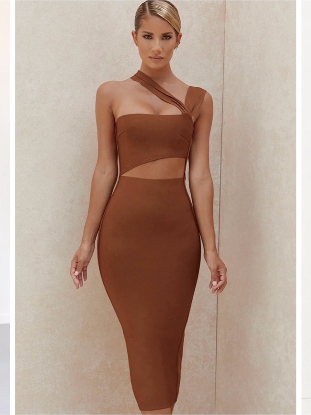 House of CB Brown One-Shoulder Cutout Midi Dress